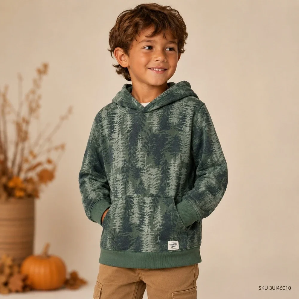 OshKosh Bgosh Boys Green Pine Tree Forest Sherpa Lined Hoodie Size 14 3UI46010